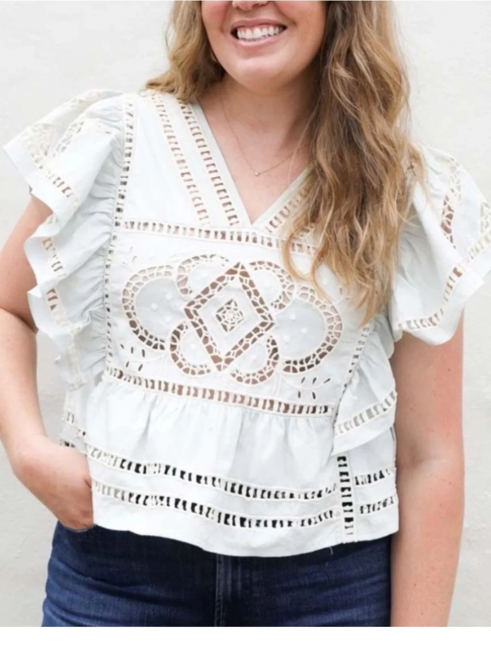 Sea New York Blaire Eyelet Embroidered Flutter Sleeve Top in Pale Blue - Picture 2 of 8